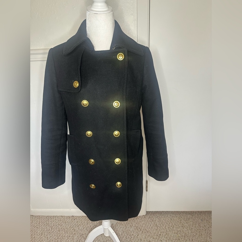 J. Crew Black Pea Coat with Gold Buttons size Petite 6 - Picture 1 of 8